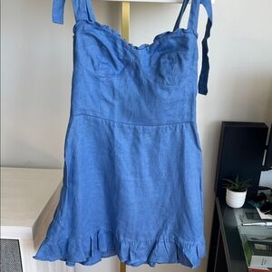 Reformation Blue Linen Ruffle-Trim Dress
